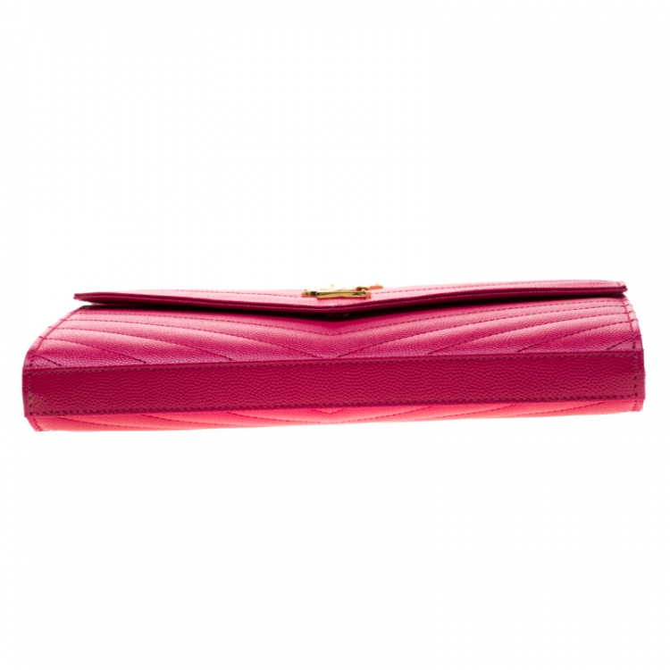 Pre Owned Saint Laurent Fuchsia Leather Monogram Envelope Wallet-On-Chain