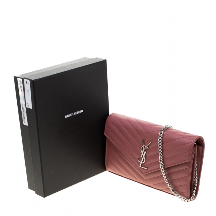 Pre Owned Saint Laurent Paris Indian Red Matelasse Leather Monogram Chain Clutch