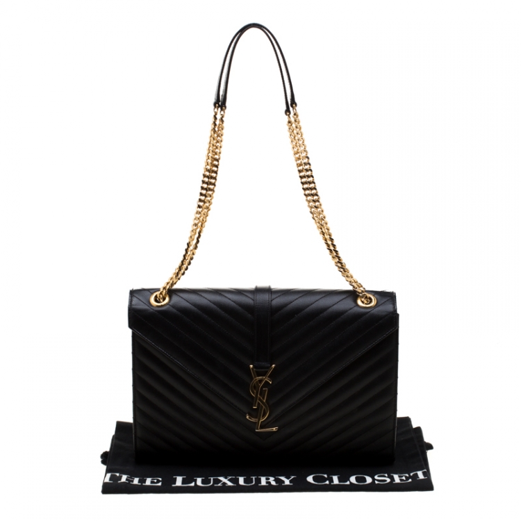 Pre Owned Saint Laurent Paris Black Quilted Chevron Leather Large Cassandre Chain Bag