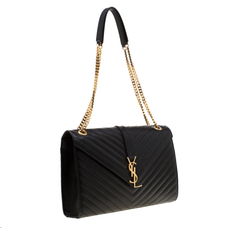 Pre Owned Saint Laurent Paris Black Quilted Chevron Leather Large Cassandre Chain Bag