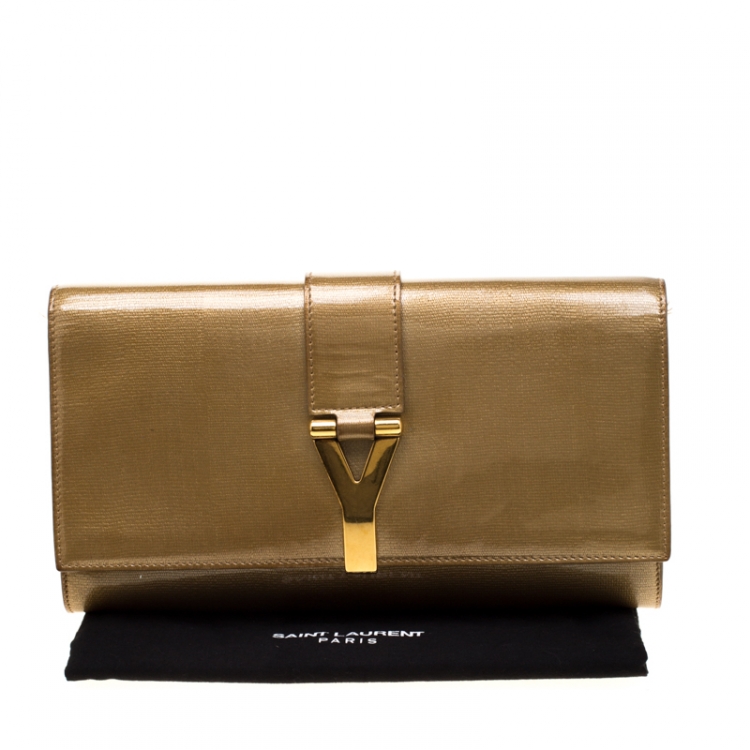 Pre Owned Saint Laurent Paris Gold Patent Leather Y-Ligne Clutch
