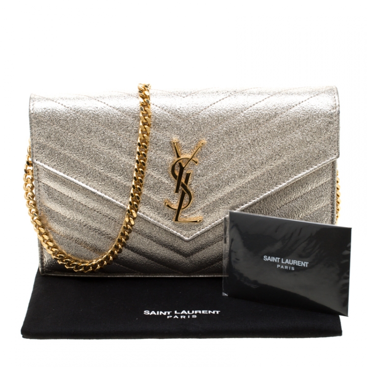Pre Owned Saint Laurent Paris Gold Textured Monogram Leather Chain Clutch