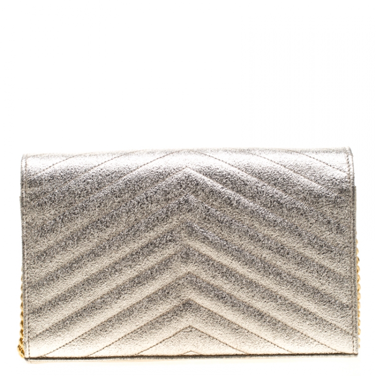 Pre Owned Saint Laurent Paris Gold Textured Monogram Leather Chain Clutch