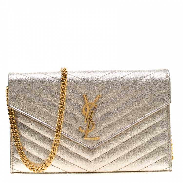 Saint Laurent Paris Gold Textured Monogram Leather Chain Clutch Yves Saint  Laurent | The Luxury Closet