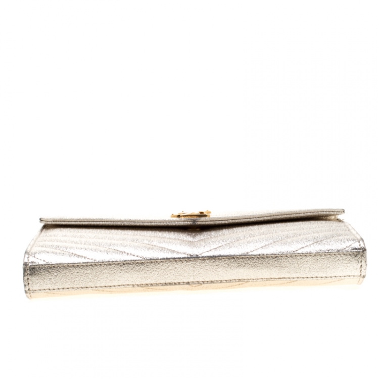 Pre Owned Saint Laurent Paris Gold Textured Monogram Leather Chain Clutch