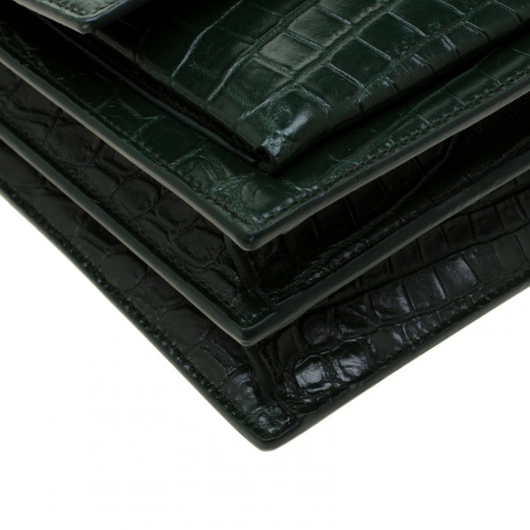 Pre Owned Saint Laurent Paris Dark Green Croc Embossed Leather Sunset Shoulder Bag