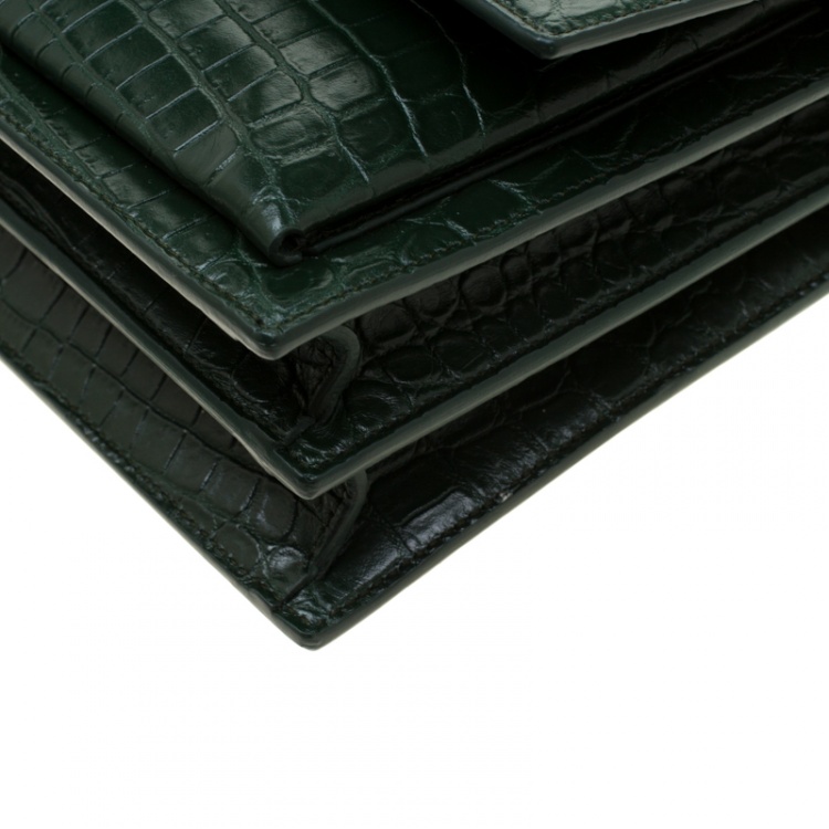 Pre Owned Saint Laurent Paris Dark Green Croc Embossed Leather Sunset Shoulder Bag