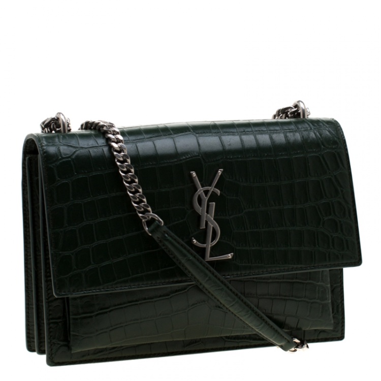 Pre Owned Saint Laurent Paris Dark Green Croc Embossed Leather Sunset Shoulder Bag