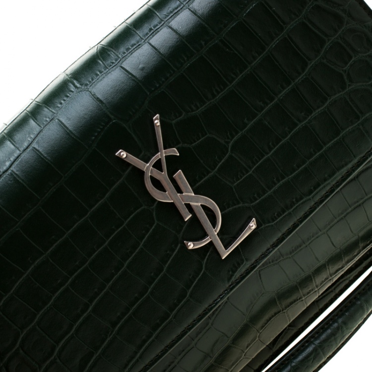 Pre Owned Saint Laurent Paris Dark Green Croc Embossed Leather Sunset Shoulder Bag