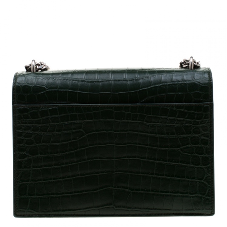 Pre Owned Saint Laurent Paris Dark Green Croc Embossed Leather Sunset Shoulder Bag