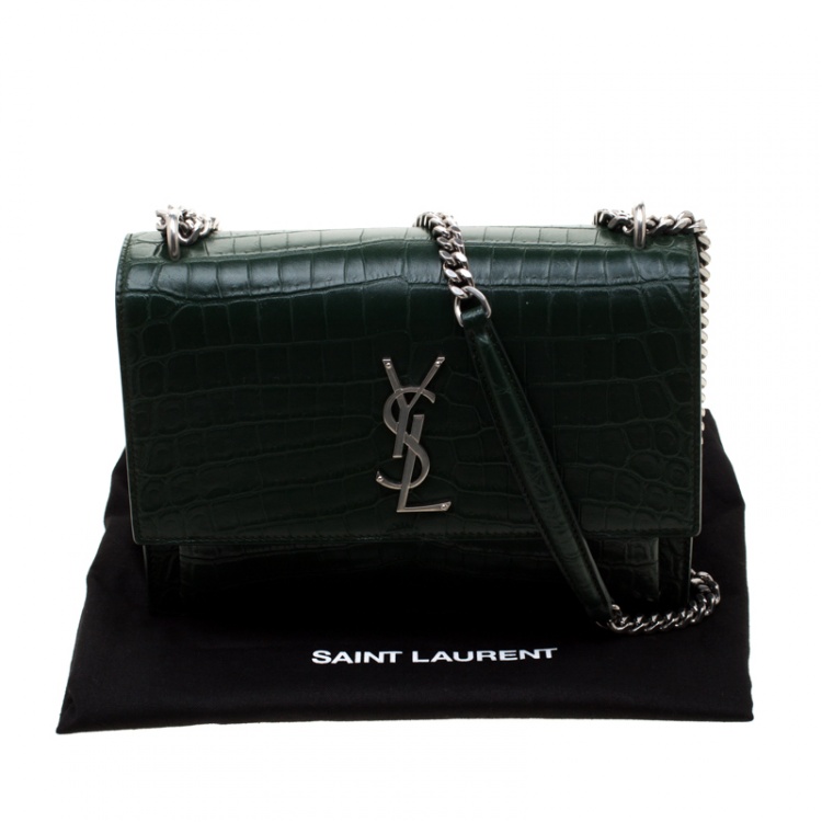 Pre Owned Saint Laurent Paris Dark Green Croc Embossed Leather Sunset Shoulder Bag