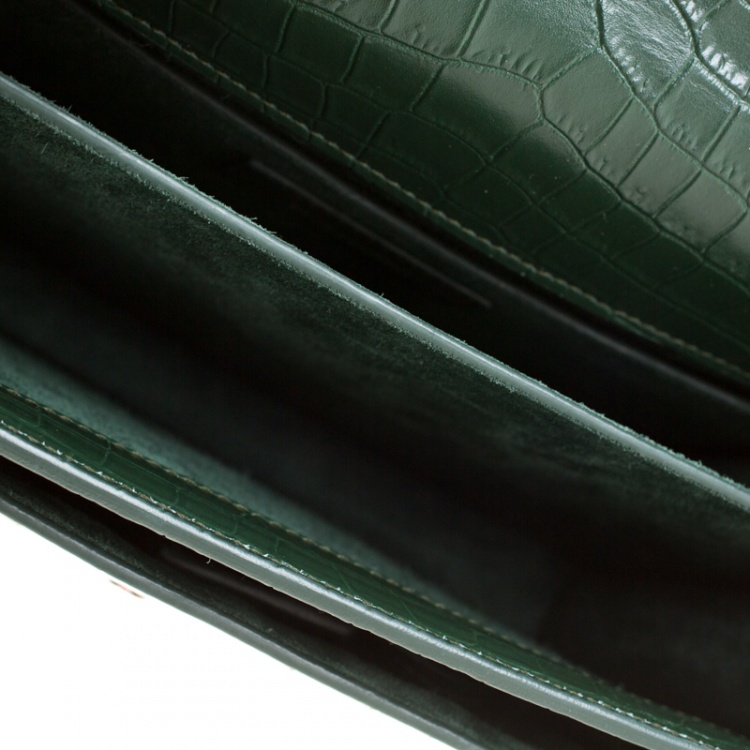 Pre Owned Saint Laurent Paris Dark Green Croc Embossed Leather Sunset Shoulder Bag