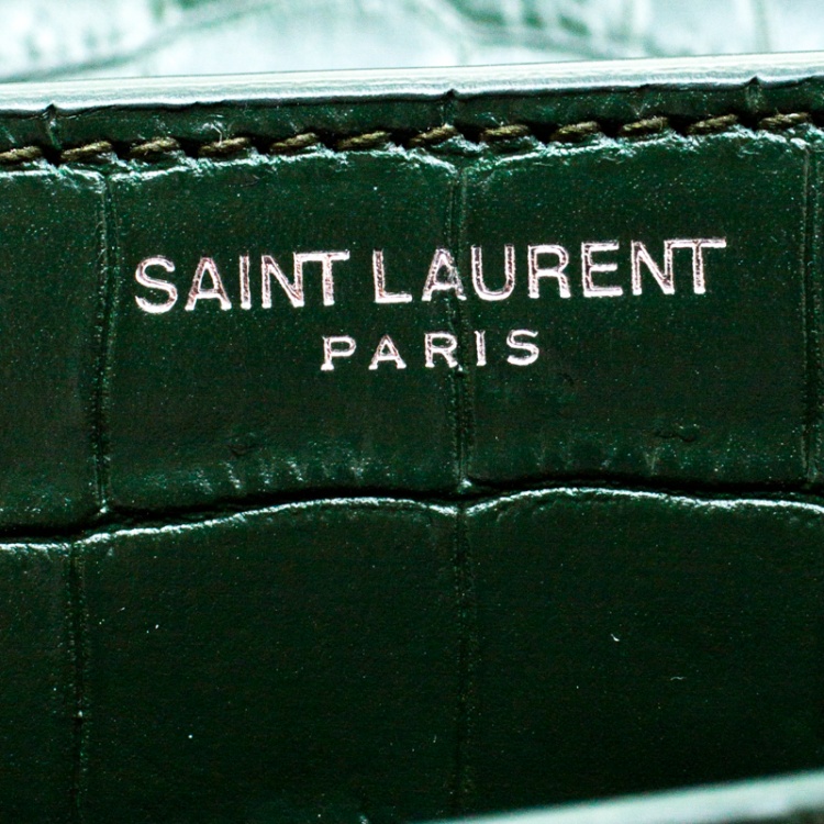 Pre Owned Saint Laurent Paris Dark Green Croc Embossed Leather Sunset Shoulder Bag