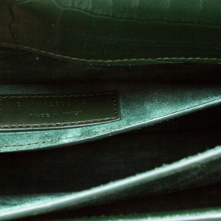 Pre Owned Saint Laurent Paris Dark Green Croc Embossed Leather Sunset Shoulder Bag