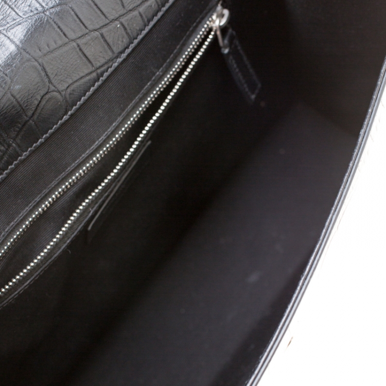 Pre Owned Saint Laurent Paris Black Croc Embossed Leather Large Cassandre Chain Bag