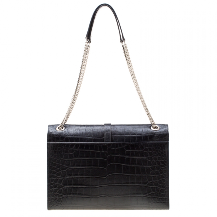 Pre Owned Saint Laurent Paris Black Croc Embossed Leather Large Cassandre Chain Bag