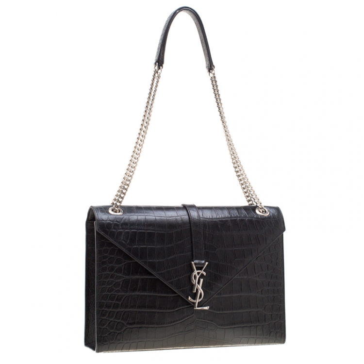 Pre Owned Saint Laurent Paris Black Croc Embossed Leather Large Cassandre Chain Bag