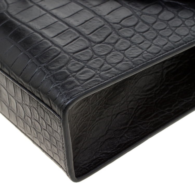 Pre Owned Saint Laurent Paris Black Croc Embossed Leather Large Cassandre Chain Bag