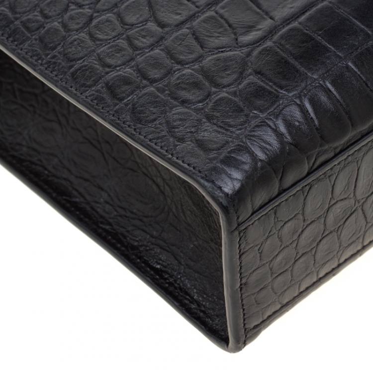 Pre Owned Saint Laurent Paris Black Croc Embossed Leather Large Cassandre Chain Bag