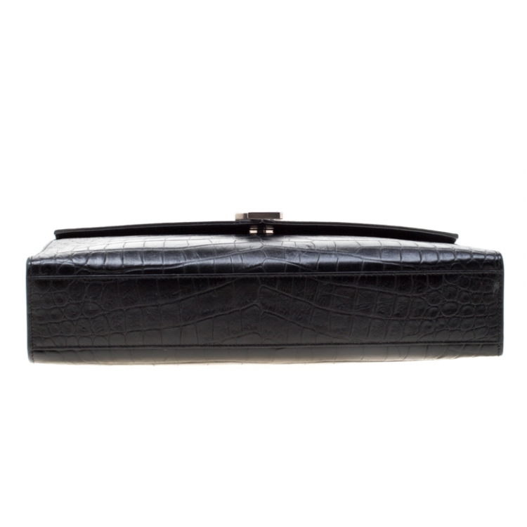 Pre Owned Saint Laurent Paris Black Croc Embossed Leather Large Cassandre Chain Bag