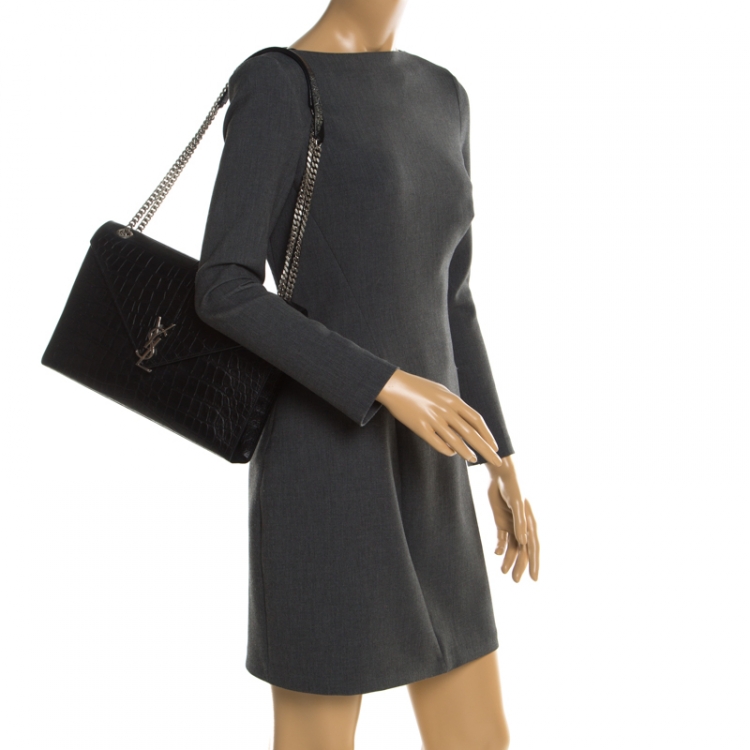 Pre Owned Saint Laurent Paris Black Croc Embossed Leather Large Cassandre Chain Bag