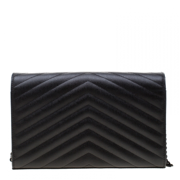 Pre Owned Saint Laurent Paris Black Chevron Leather Wallet on Chain