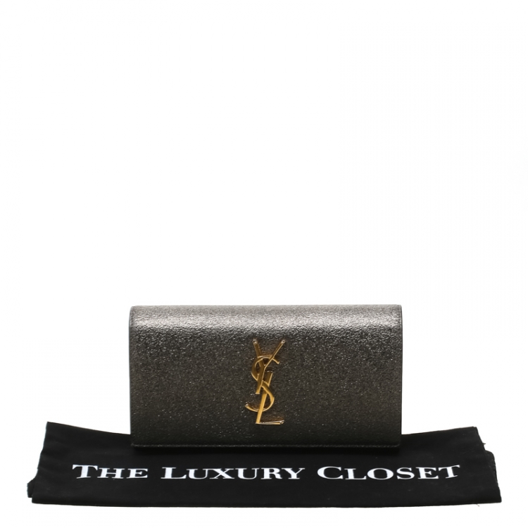 Pre Owned Saint Laurent Metallic Dark Beige Textured Leather Monogram Cassandre Clutch