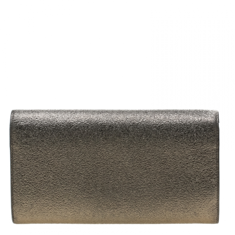 Pre Owned Saint Laurent Metallic Dark Beige Textured Leather Monogram Cassandre Clutch