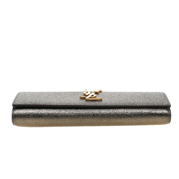 Pre Owned Saint Laurent Metallic Dark Beige Textured Leather Monogram Cassandre Clutch