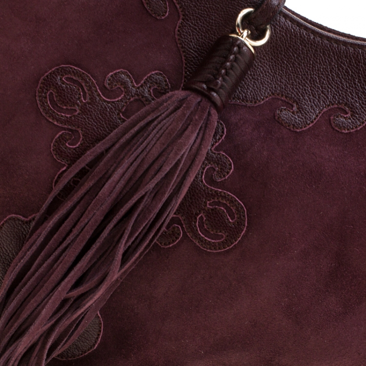 Pre Owned Saint Laurent Paris Burgundy Suede and Leather Trim Tassel Hobo