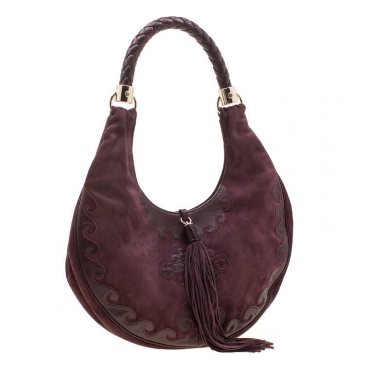 Pre Owned Saint Laurent Paris Burgundy Suede and Leather Trim Tassel Hobo
