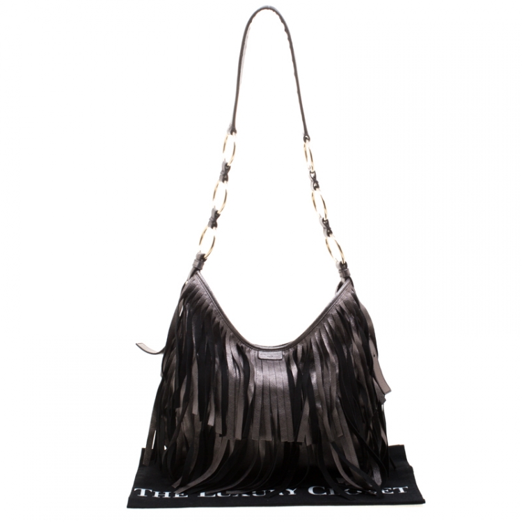 Pre Owned Saint Laurent Paris Metallic Grey Leather Fringed Boheme Shuolder Bag