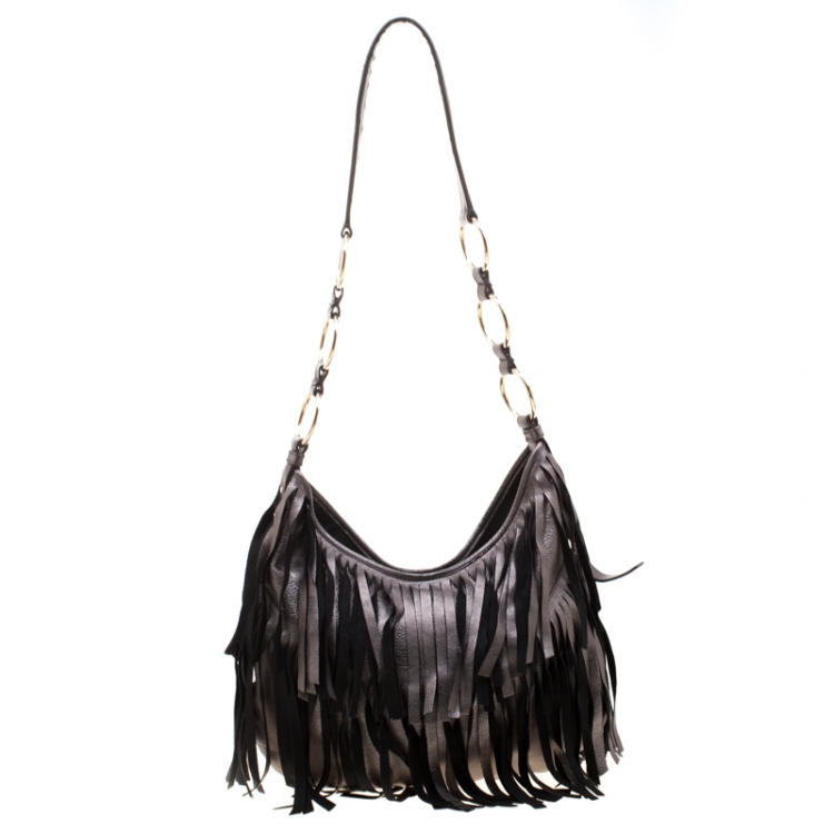 Pre Owned Saint Laurent Paris Metallic Grey Leather Fringed Boheme Shuolder Bag