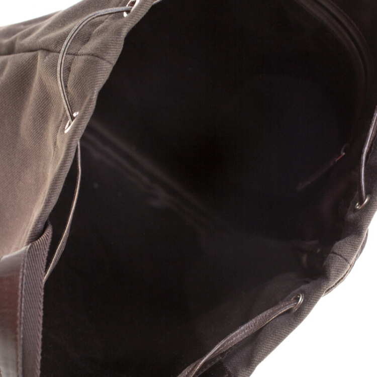 Pre Owned Saint Laurent Paris Brown Canvas and Leather Drawsting Kahala Tote 
