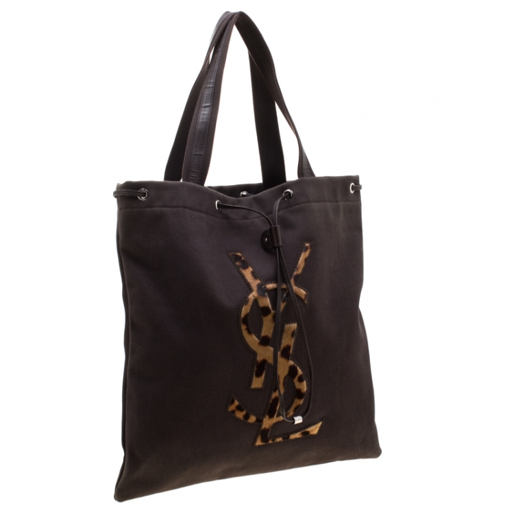 Pre Owned Saint Laurent Paris Brown Canvas and Leather Drawsting Kahala Tote 