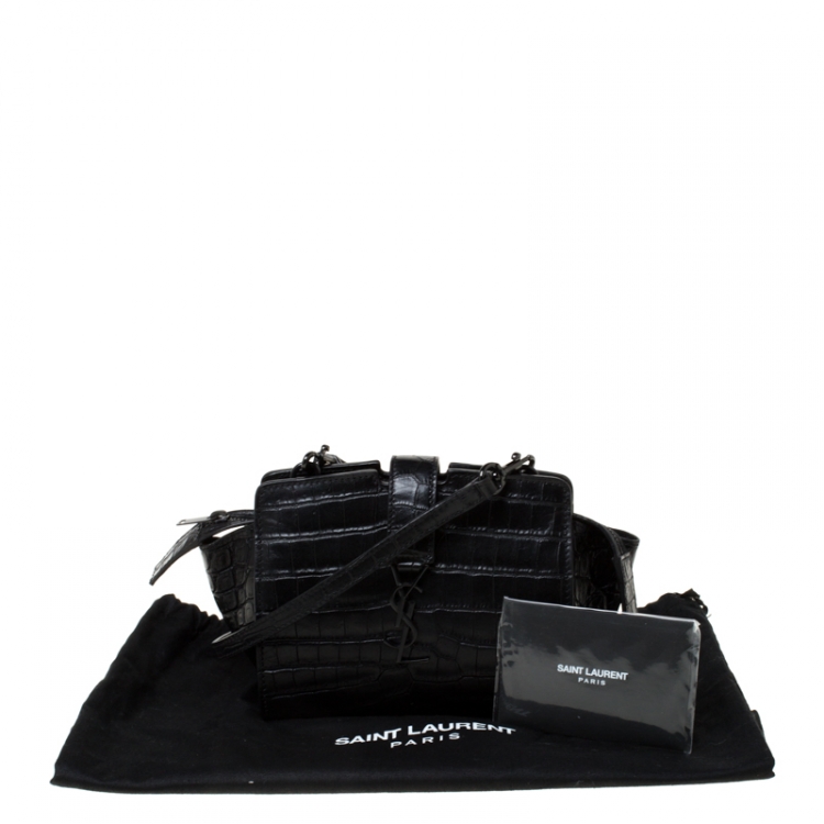 Pre Owned Saint Laurent Paris Black Crocodile Embossed Leather Monogram Cabas Crossbody Bag