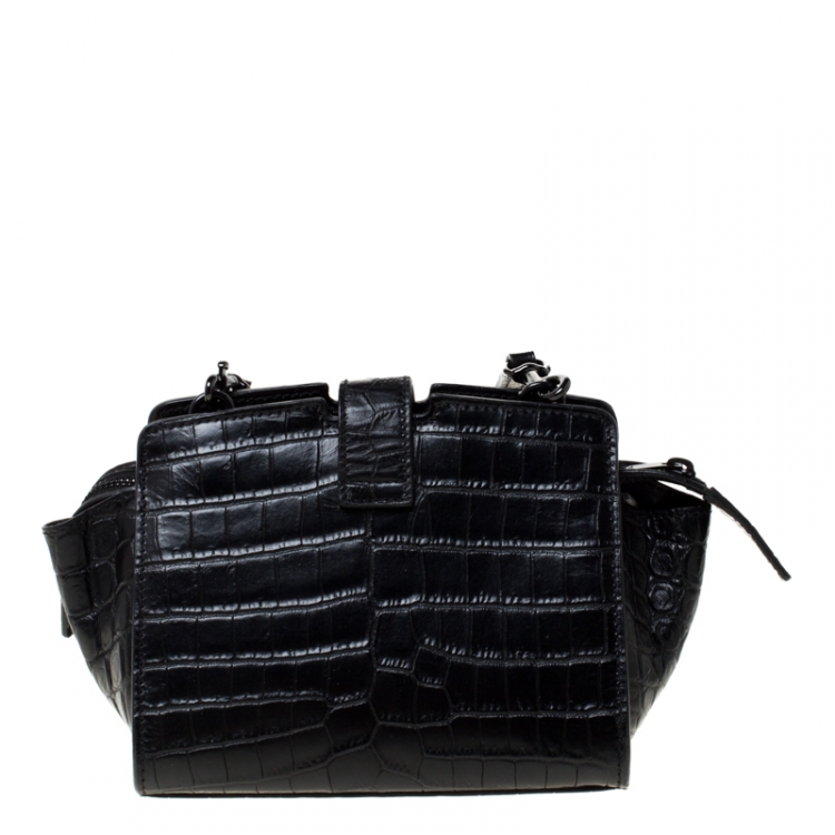 Pre Owned Saint Laurent Paris Black Crocodile Embossed Leather Monogram Cabas Crossbody Bag