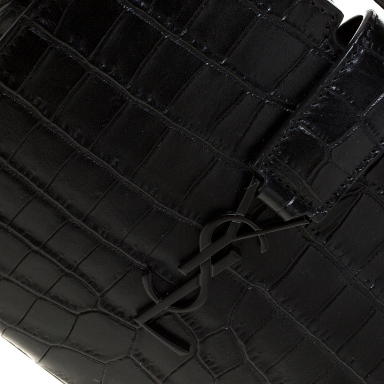 Pre Owned Saint Laurent Paris Black Crocodile Embossed Leather Monogram Cabas Crossbody Bag