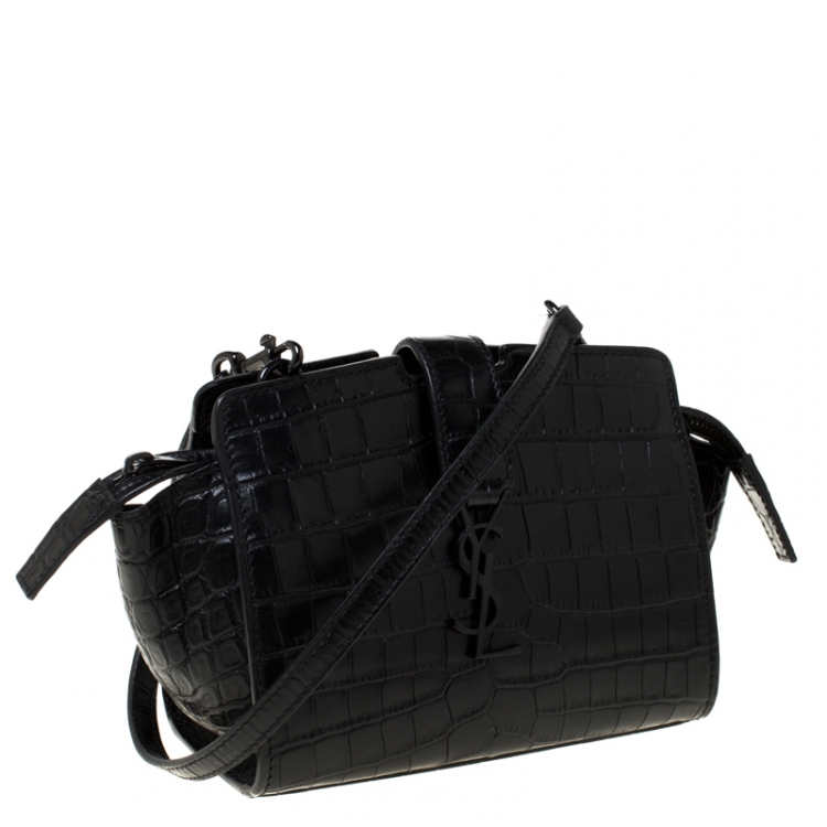 Pre Owned Saint Laurent Paris Black Crocodile Embossed Leather Monogram Cabas Crossbody Bag