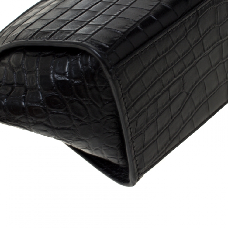 Pre Owned Saint Laurent Paris Black Crocodile Embossed Leather Monogram Cabas Crossbody Bag