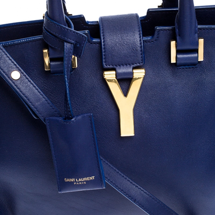 Pre Owned Saint Laurent Paris Blue Leather Small Cabas Chyc Tote