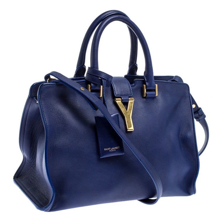 Pre Owned Saint Laurent Paris Blue Leather Small Cabas Chyc Tote