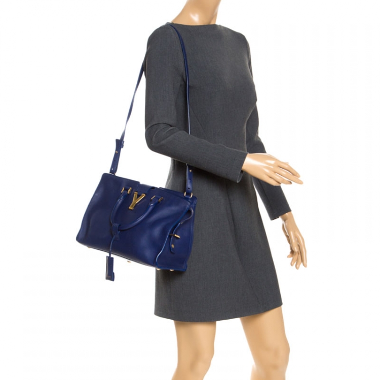 Pre Owned Saint Laurent Paris Blue Leather Small Cabas Chyc Tote