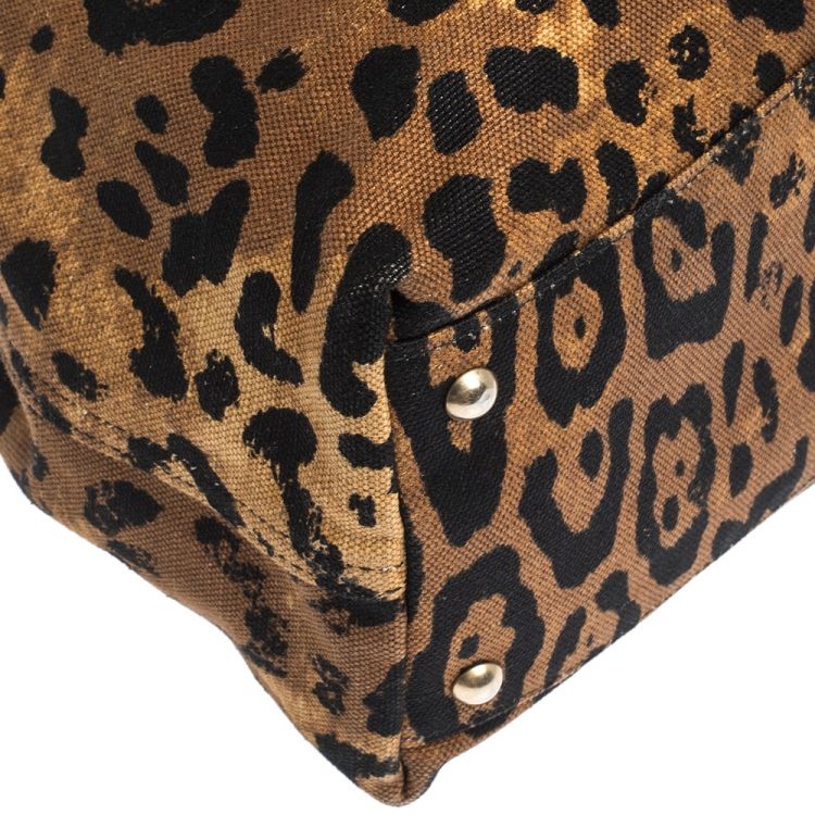 Pre Owned Saint Laurent Paris Brown/Black Leopard Print Canvas and Leather Drawstring Tote