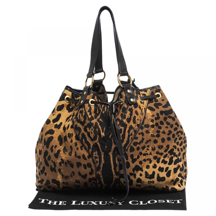 Pre Owned Saint Laurent Paris Brown/Black Leopard Print Canvas and Leather Drawstring Tote