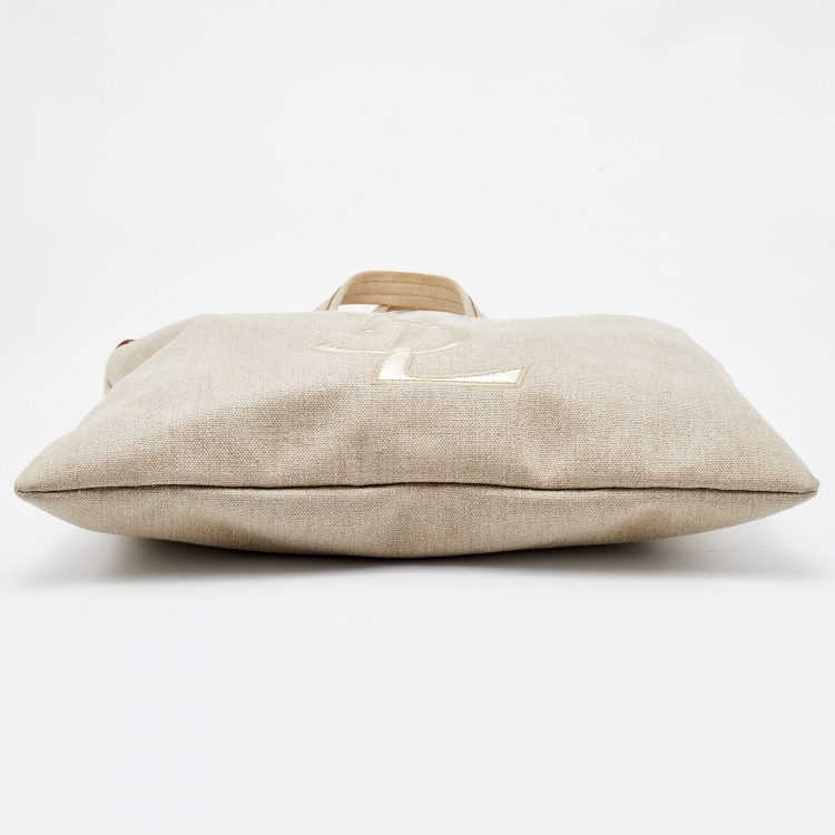Pre Owned Yves Saint Laurent Beige/Gold Canvas and Leather Drawstring Shopper Tote