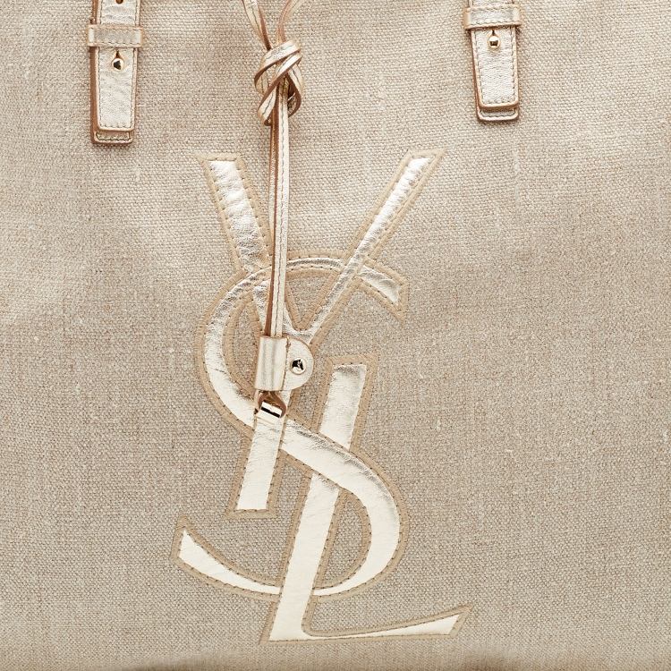 Pre Owned Yves Saint Laurent Beige/Gold Canvas and Leather Drawstring Shopper Tote