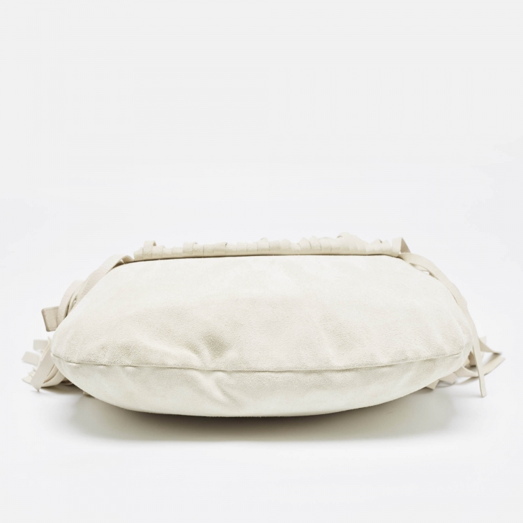 Pre Owned Yves Saint Laurent White Suede and Leather Fringe Mombasa Hobo