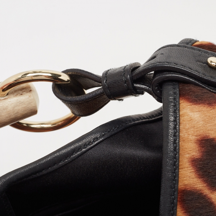 Pre Owned Yves Saint Laurent Black/Brown Leopard Print Calf Hair and Leather Mombasa Hobo