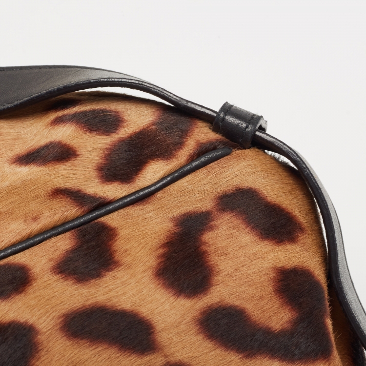 Pre Owned Yves Saint Laurent Black/Brown Leopard Print Calf Hair and Leather Mombasa Hobo